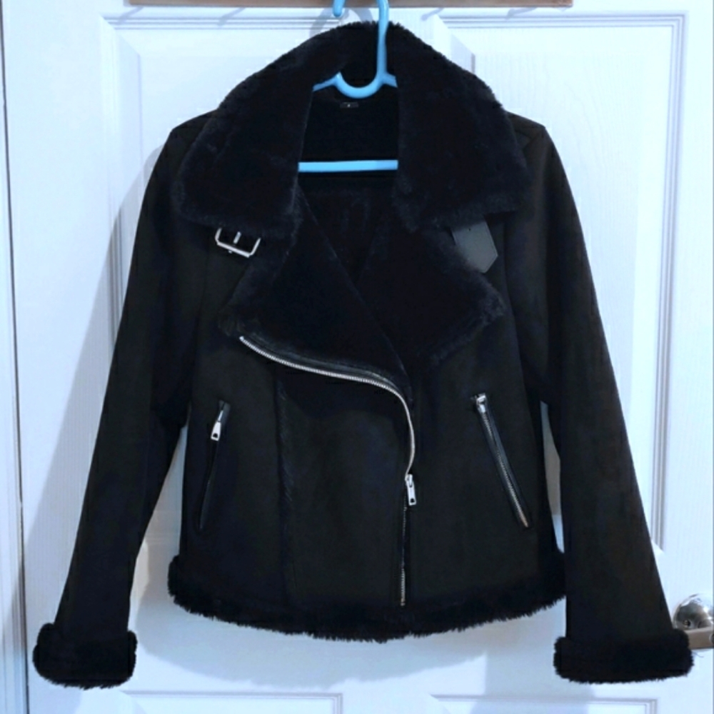 Faux Suede Fur Lined Moto High Collar Jacket